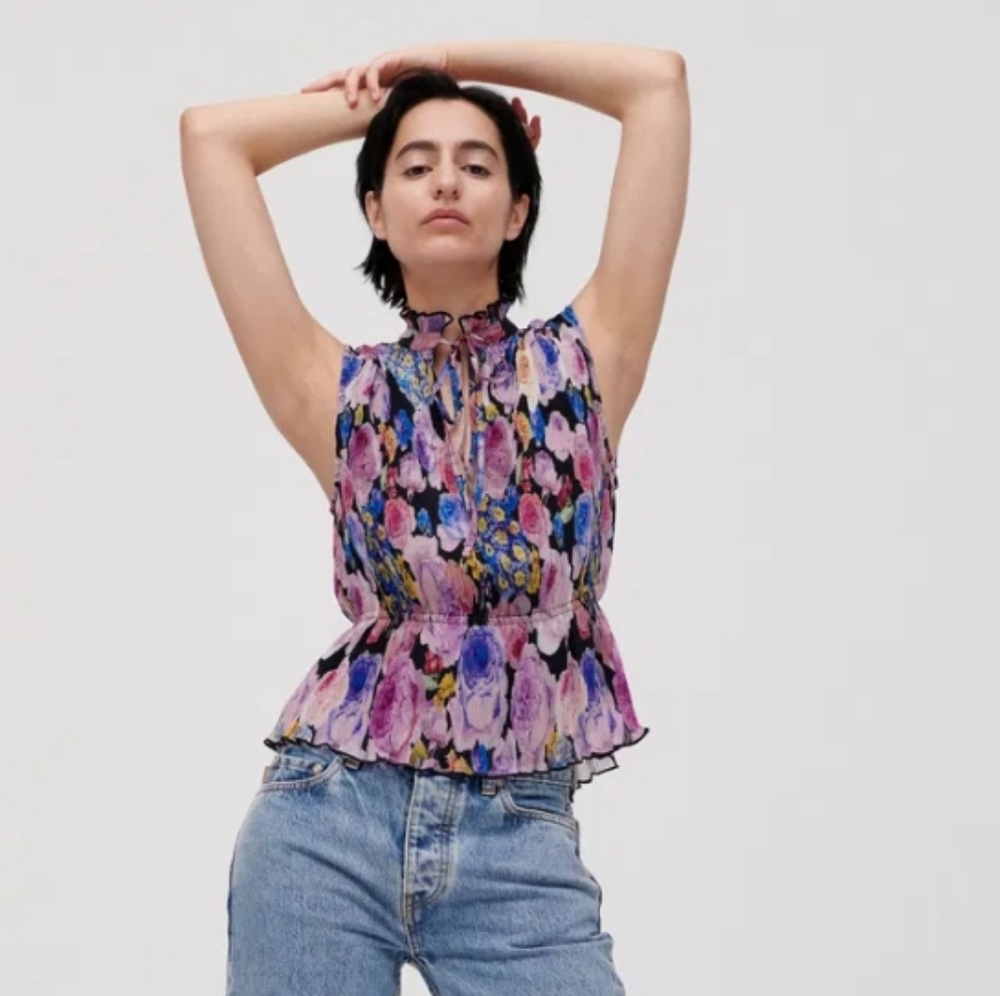 GANNI Pleated Georgette Sleeveless Keyhole Blouse